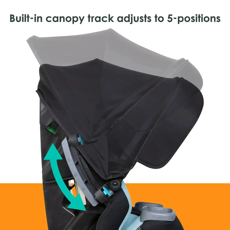 Built in canopy track adjusts to 5 position on the Baby Trend Cover Me 4-in-1 Convertible Car Seat 