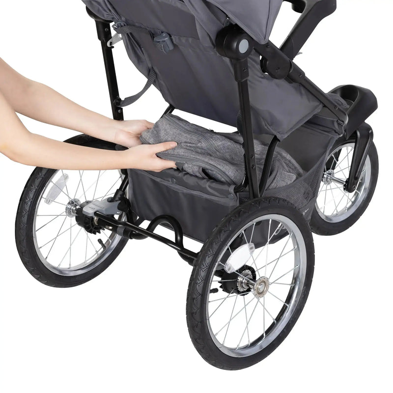 Extra large storage basket on the Baby Trend Journey Jogger Stroller