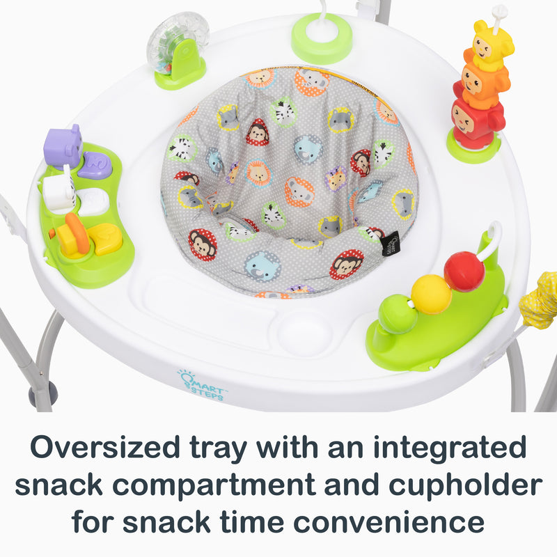 Oversized tray with an integrated snack compartment and cupholder for snack time convenience from the Smart Steps My First Jumper