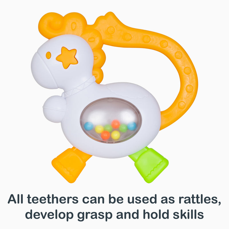 All teethers can be used as rattles, develop grasp and hold skills from the Smart Steps Tiny Nibbles 5-Pack Teethers