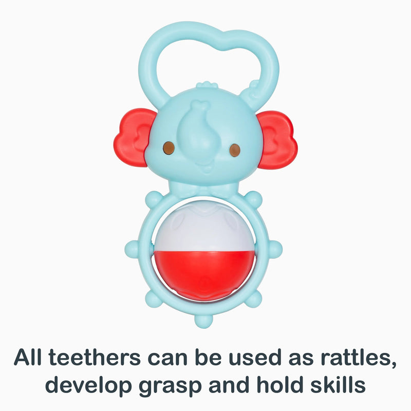 All teethers can be used as rattles, develop grasp and hold skills from the Smart Steps Tiny Nibbles 10-Pack Teethers