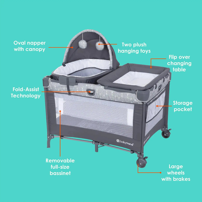 Baby Trend Nursery Suite Playard with Portable Cradle features call out