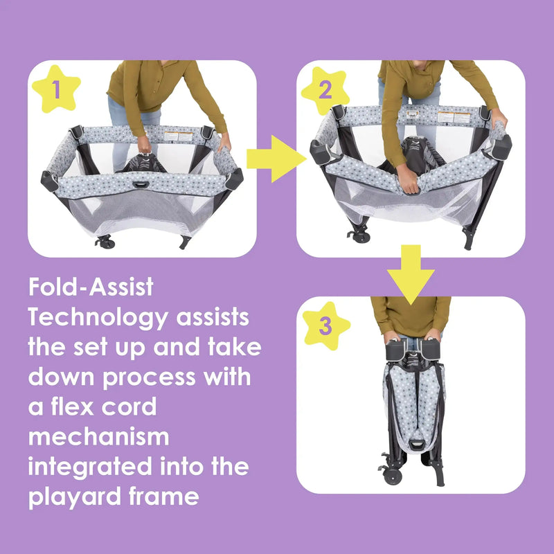 Baby Trend Nursery Suite Playard with Portable Cradle fold assist technoloty assists the set up and take down process