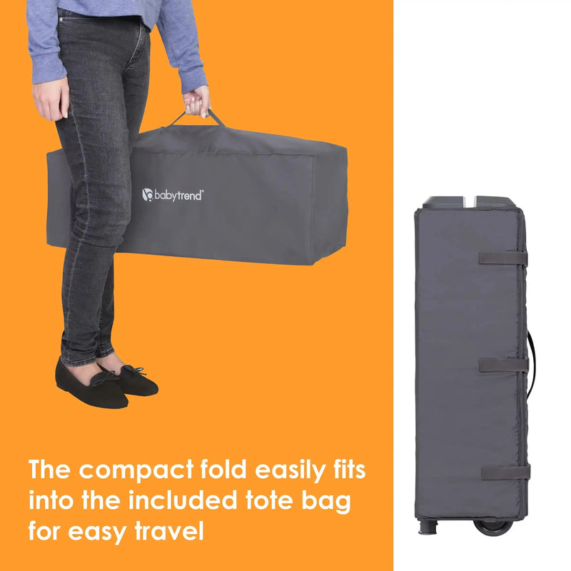 Baby Trend Nursery Suite Playard with Portable Cradle compact fold easily fits into the included tote bag