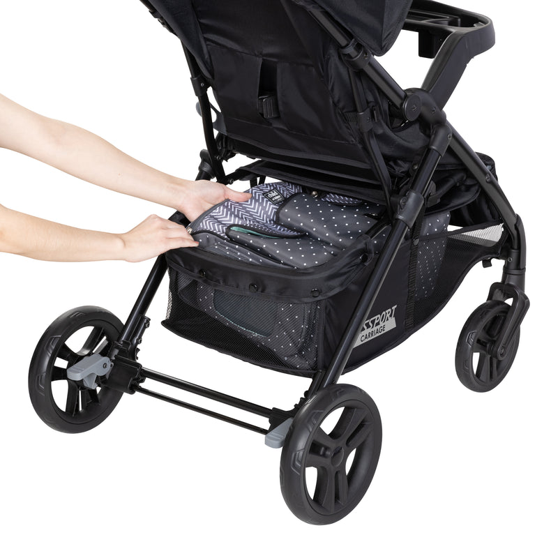 Extra large storage basket with rear access from the Baby Trend Passport Carriage Stroller