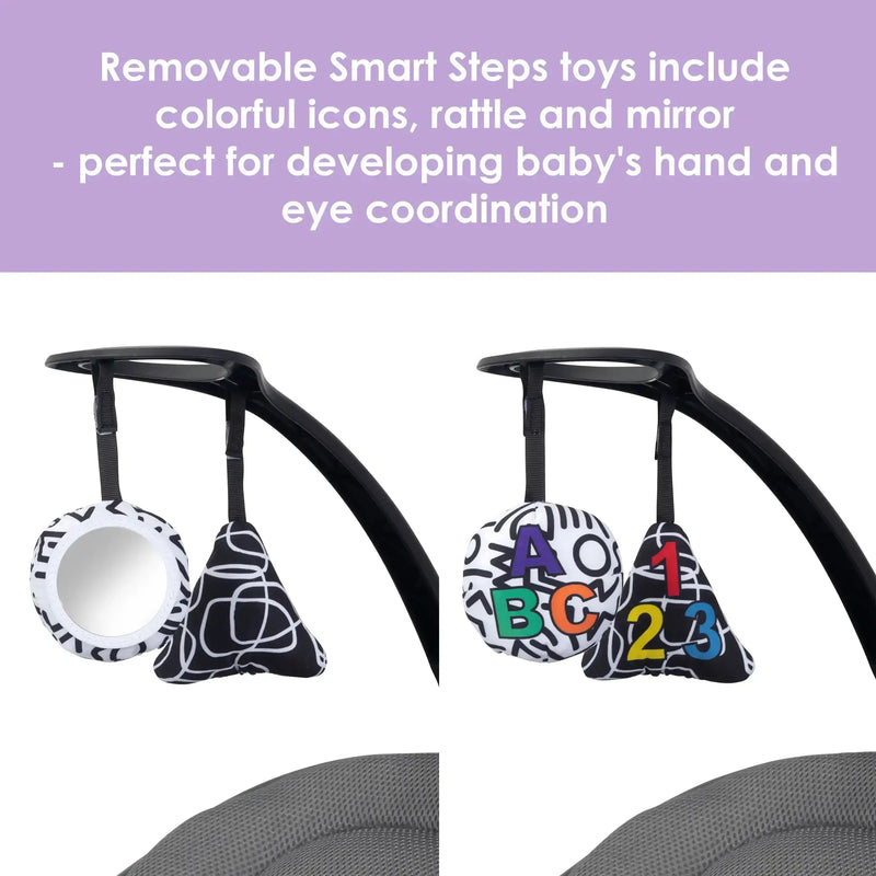 Baby Trend NuMotion Infinity Swing removable Smart Steps toys include colorful icons, rattle, and mirror