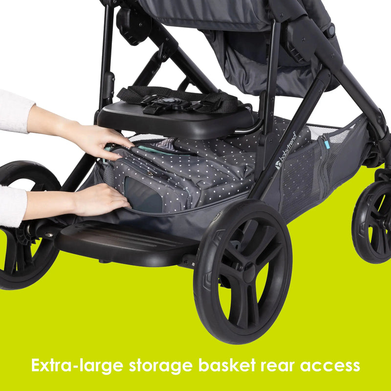 Extra-large storage basket rear access from the Baby Trend Morph Single to Double Modular Stroller