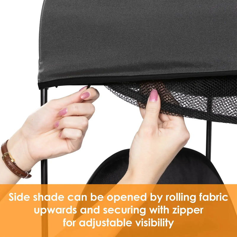 Baby Trend Quest 3-in-1 Stroller Wagon side shade can be opened by rolling fabric upwards and securing with zipper