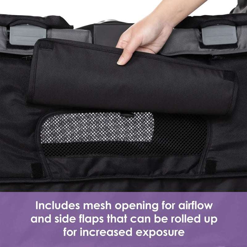 Baby Trend Quest 3-in-1 Stroller Wagon includes mesh opening for airflow and side flaps that can be rolled up