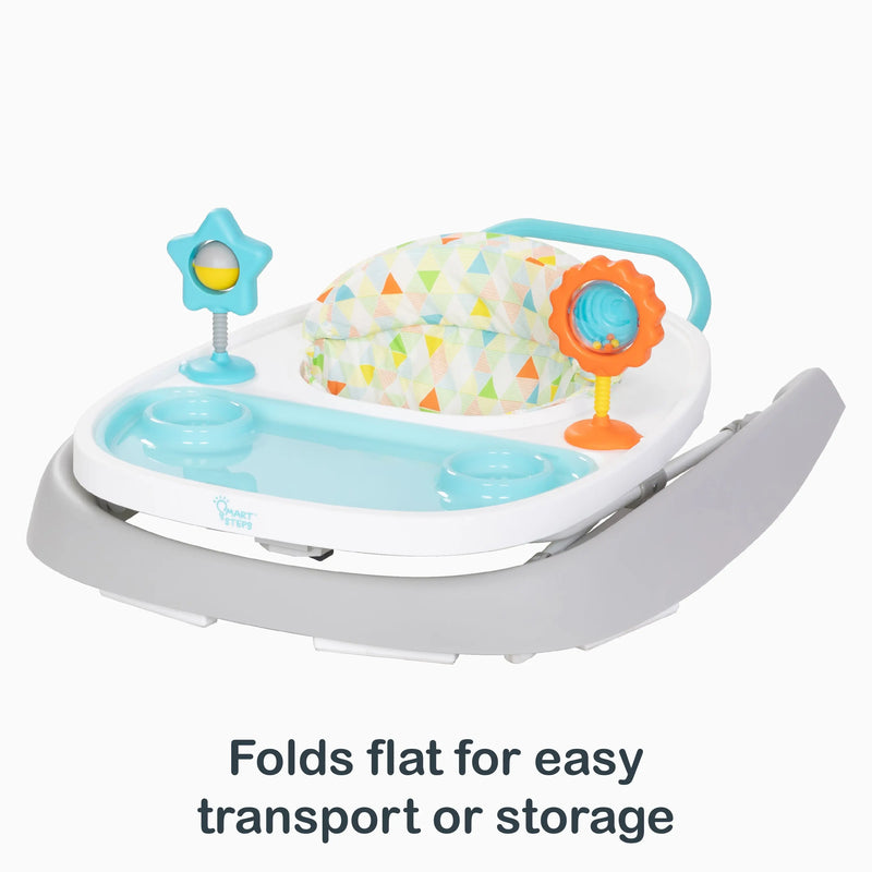 Folds flat for easy transport or storage of the Smart Steps Dine N’ Play 3-in-1 Feeding Walker