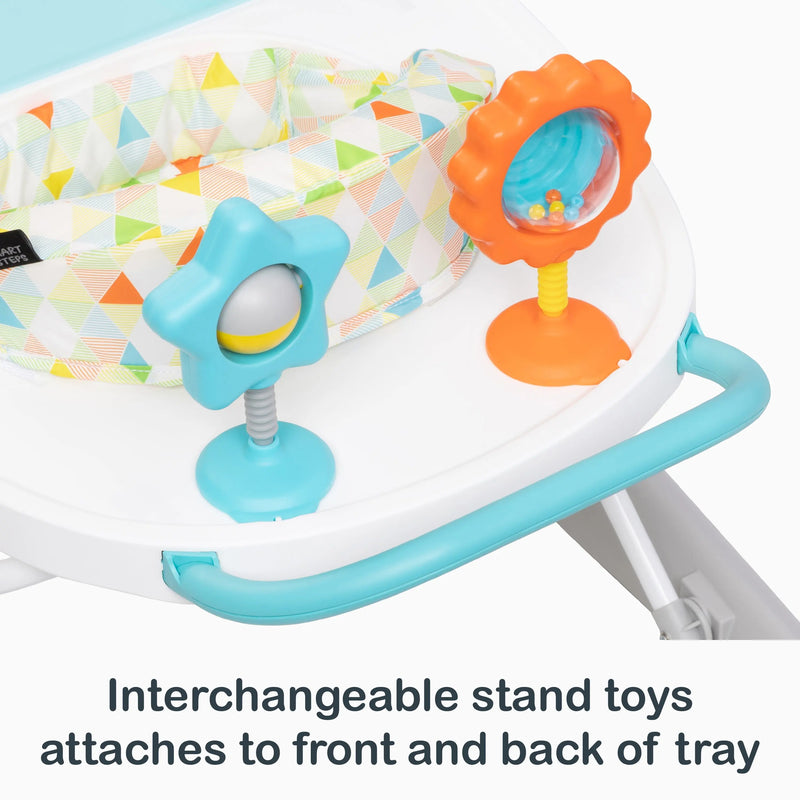 Interchangeable stand toys attaches to front and back of tray of the Smart Steps Dine N’ Play 3-in-1 Feeding Walker