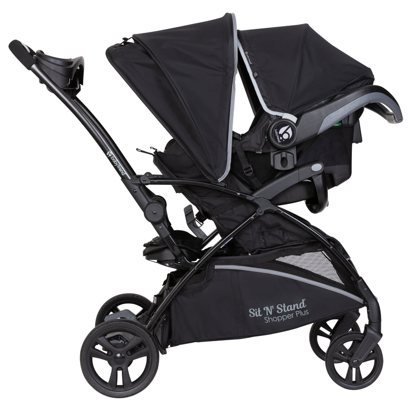 Sit N’ Stand 5-in-1 Shopper Plus Stroller can be combined with an infant car seat to create a travel system