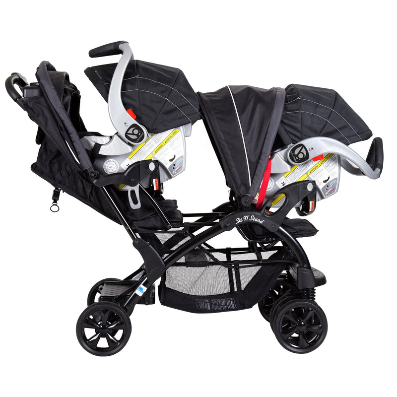 Baby Trend Sit N' Stand Double Stroller can be combined with an infant car seat to create a travel system