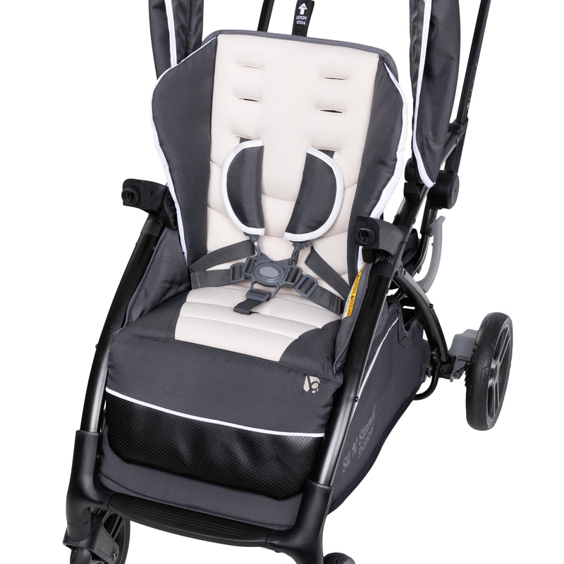 Plush seat with 5-point safety harness on the Baby Trend Sit N Stand 5-in-1 Shopper Stroller