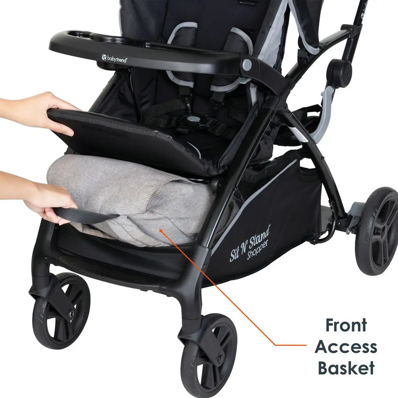 Baby Trend Sit N Stand 5-in-1 Shopper Stroller large storage basket with front access