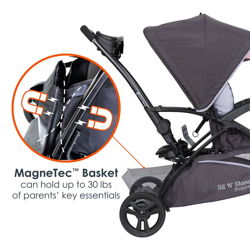 Baby Trend Sit N Stand 5-in-1 Shopper Stroller MagneTec basket can hold up to 30 lb of parents key essentials
