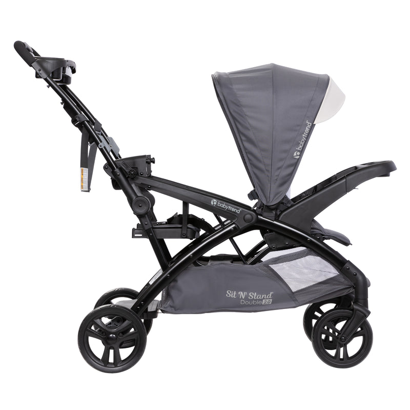 Side view with the rear being use as a jump seat or stand on platform of the Baby Trend Sit N' Stand Double 2.0 Stroller