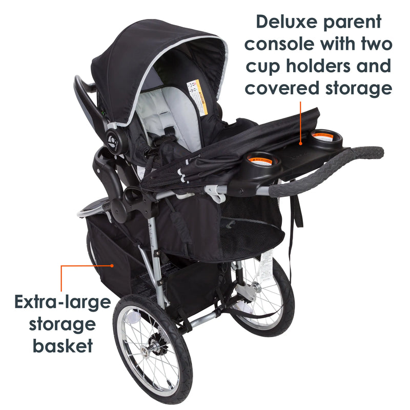 Baby Trend Pathway 35 Jogging Stroller Travel System with deluxe parent console with two cup holders and covered storage, and extra large storage basket