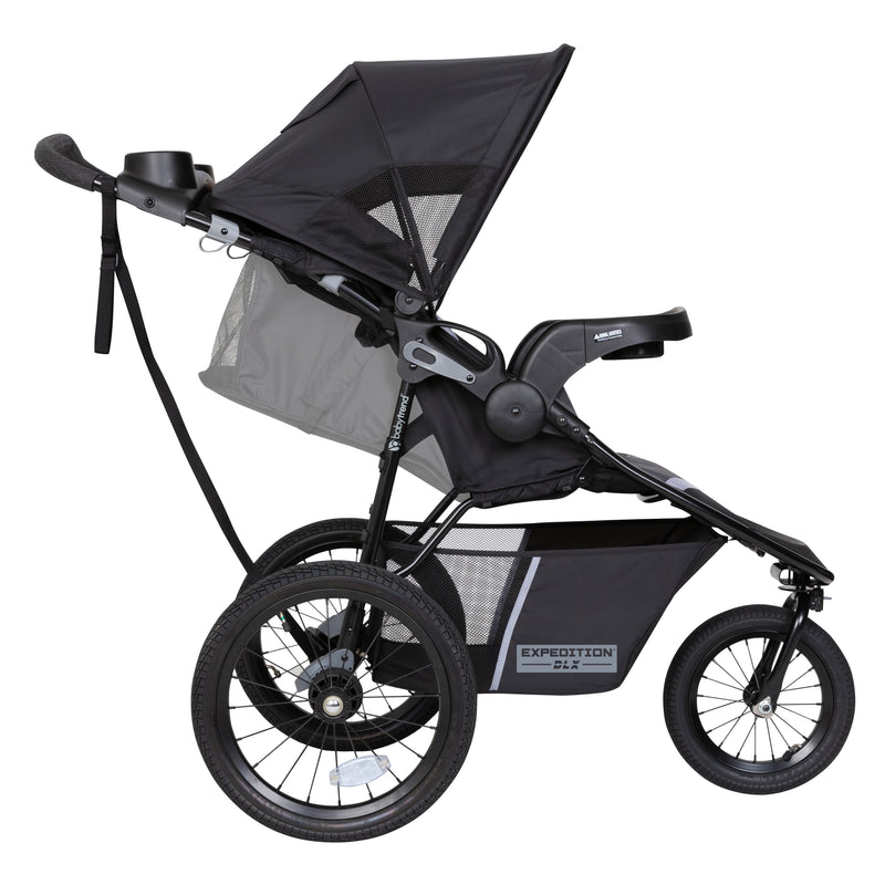 Side view with reclining child seat of the Baby Trend Expedition DLX Jogger Travel System with Ally 35 Infant Car Seat