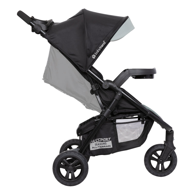 Side view of the Baby Trend Passport Seasons All-Terrain Stroller Travel System with EZ-Lift 35 PLUS Infant Car Seat and reclining child seat