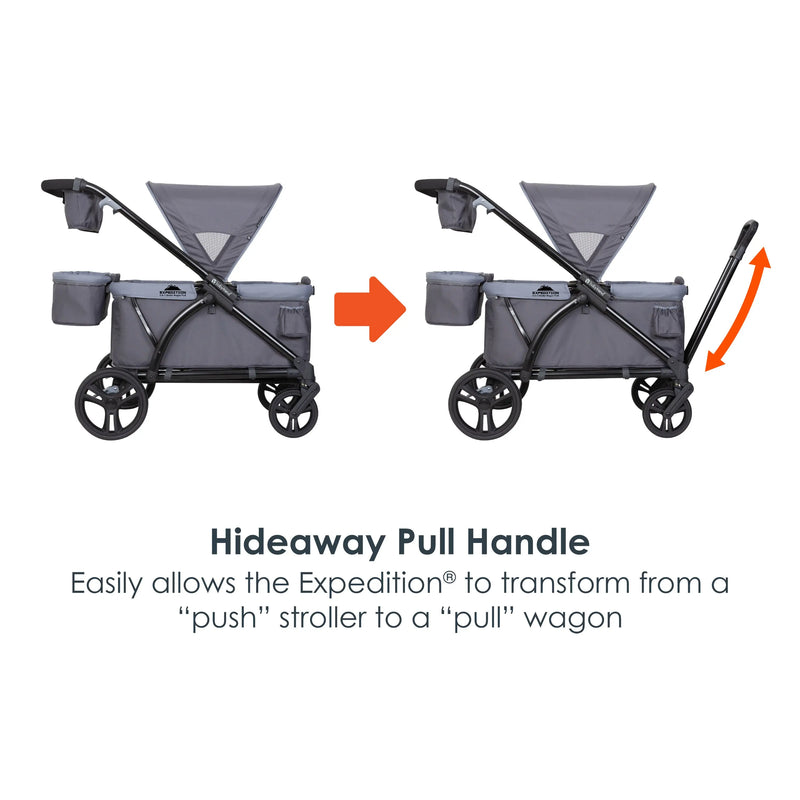 Baby Trend Expedition 2-in-1 Stroller Wagon PLUS has hideaway pull handle that easily allows the Wagon to transform from a push stroller to a pull wagon stroller