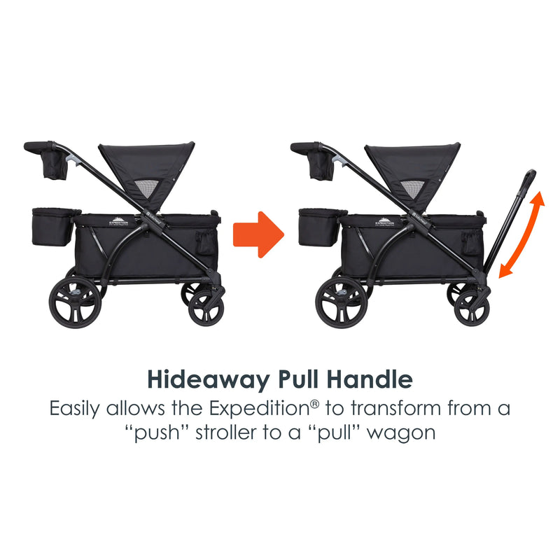 Baby Trend Expedition 2-in-1 Stroller Wagon PLUS has hideaway pull handle that easily allows the Wagon to transform from a push stroller to a pull wagon stroller