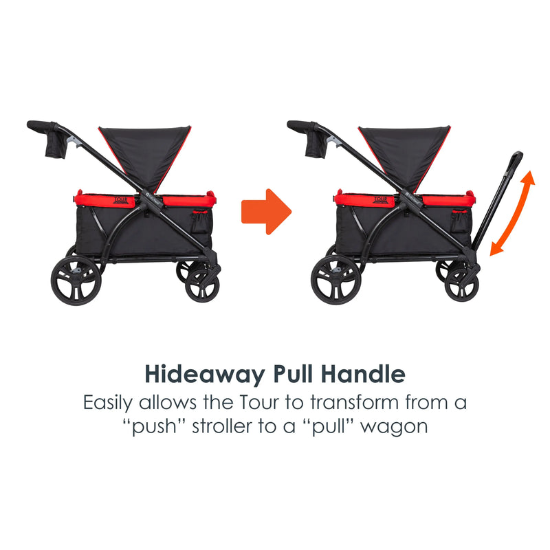 Baby Trend Tour 2-in-1 Stroller Wagon hideaway pull handle easily allows the Tour to transform from a push stroller to a pull wagon