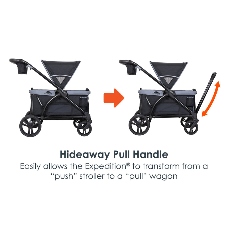 MUV by Baby Trend Expedition 2-in-1 Stroller Wagon PRO hide away pull handle easily allows the wagon to transform from a push stroller to a pull wagon